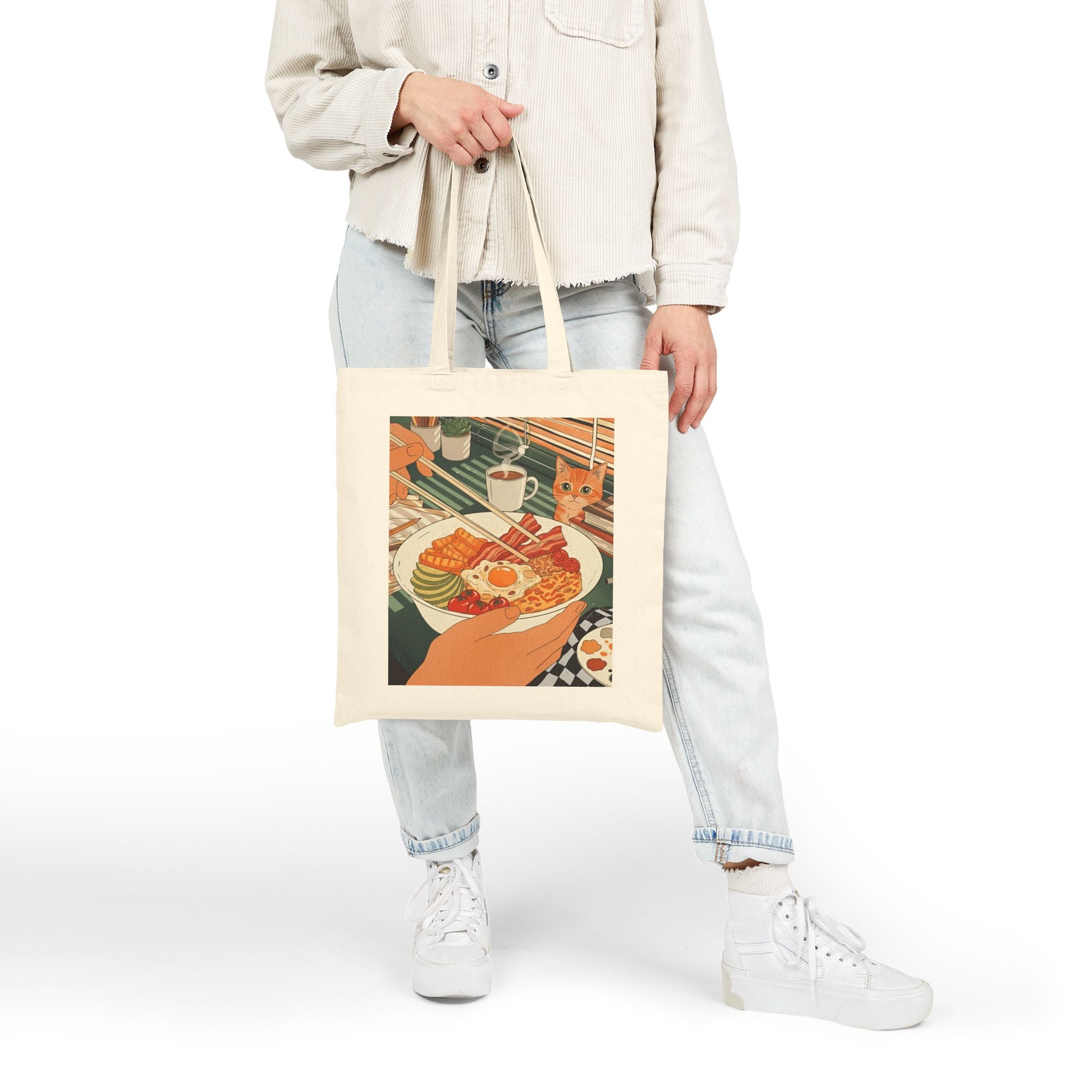 Breakfast with Whiskers, Cotton Canvas Tote Bag