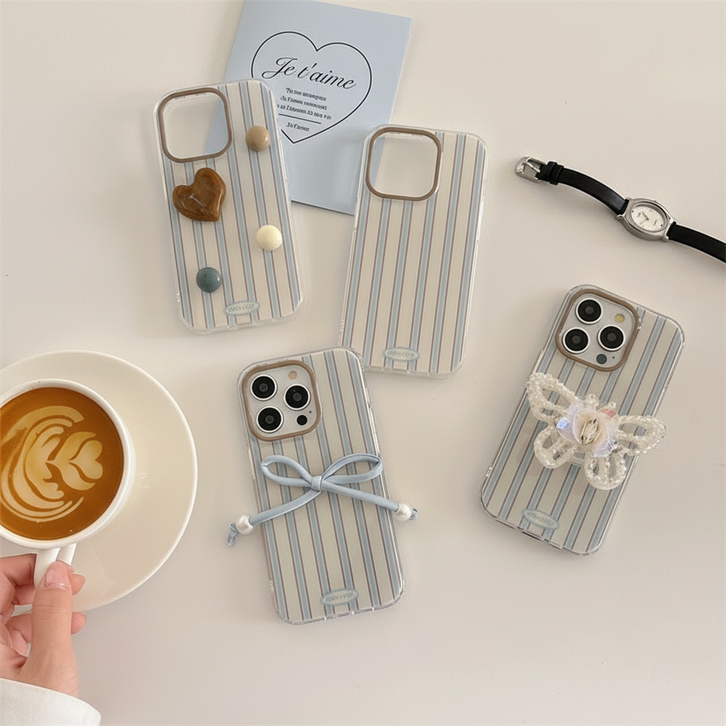 Minimal Pastel Stripe IPhone Case – with 3D Embellishments