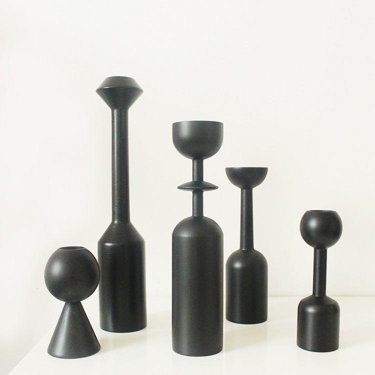 Scandinavian Style Wooden Candlestick – Matte Black Candle Holder