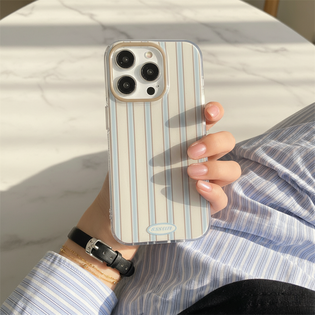 Minimal Pastel Stripe IPhone Case – with 3D Embellishments