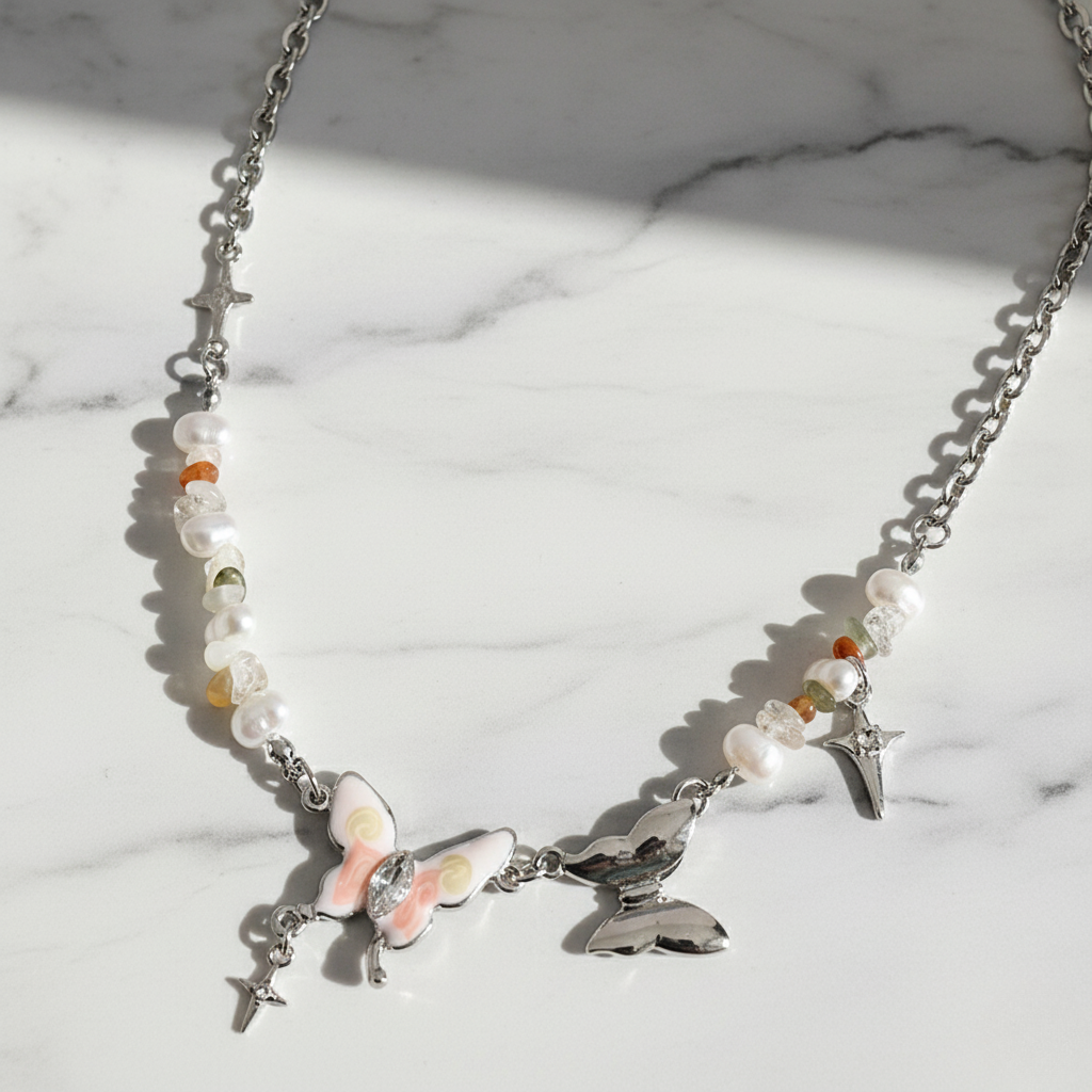 Colorful Gravel Cross Stitching Butterfly Necklace