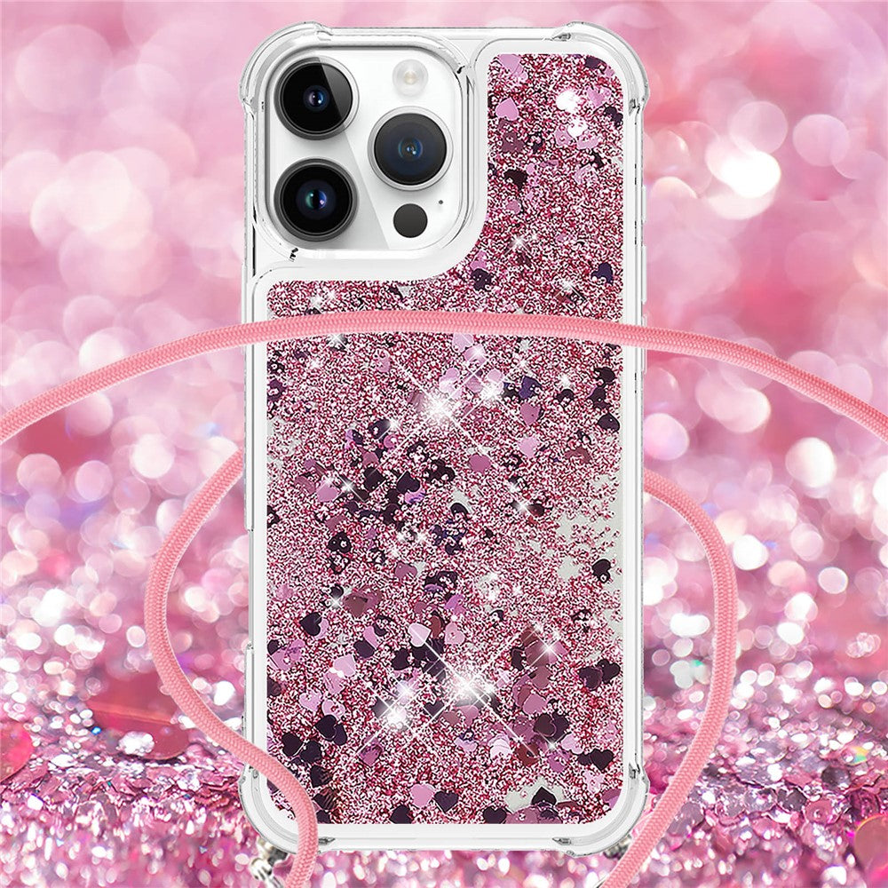 For iPhone 16 Pro TPU Case Quicksand Design Phone Cover with Lanyard