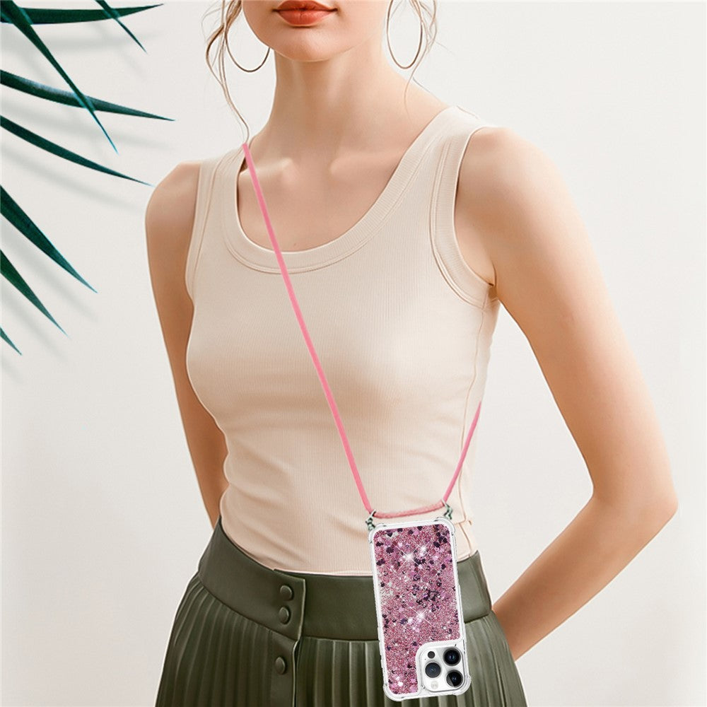 For iPhone 16 Pro TPU Case Quicksand Design Phone Cover with Lanyard