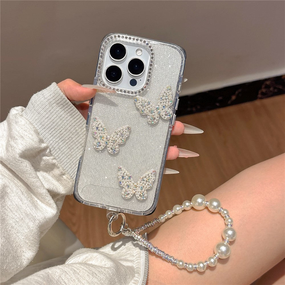 For iPhone 16 Pro Case Glitter Rhinestone Decor Butterfly TPU + PC Phone Case with Beaded Strap