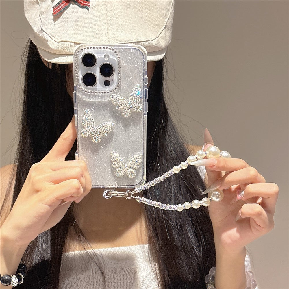For iPhone 16 Pro Case Glitter Rhinestone Decor Butterfly TPU + PC Phone Case with Beaded Strap