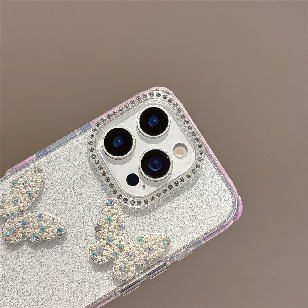 For iPhone 16 Pro Case Glitter Rhinestone Decor Butterfly TPU + PC Phone Case with Beaded Strap