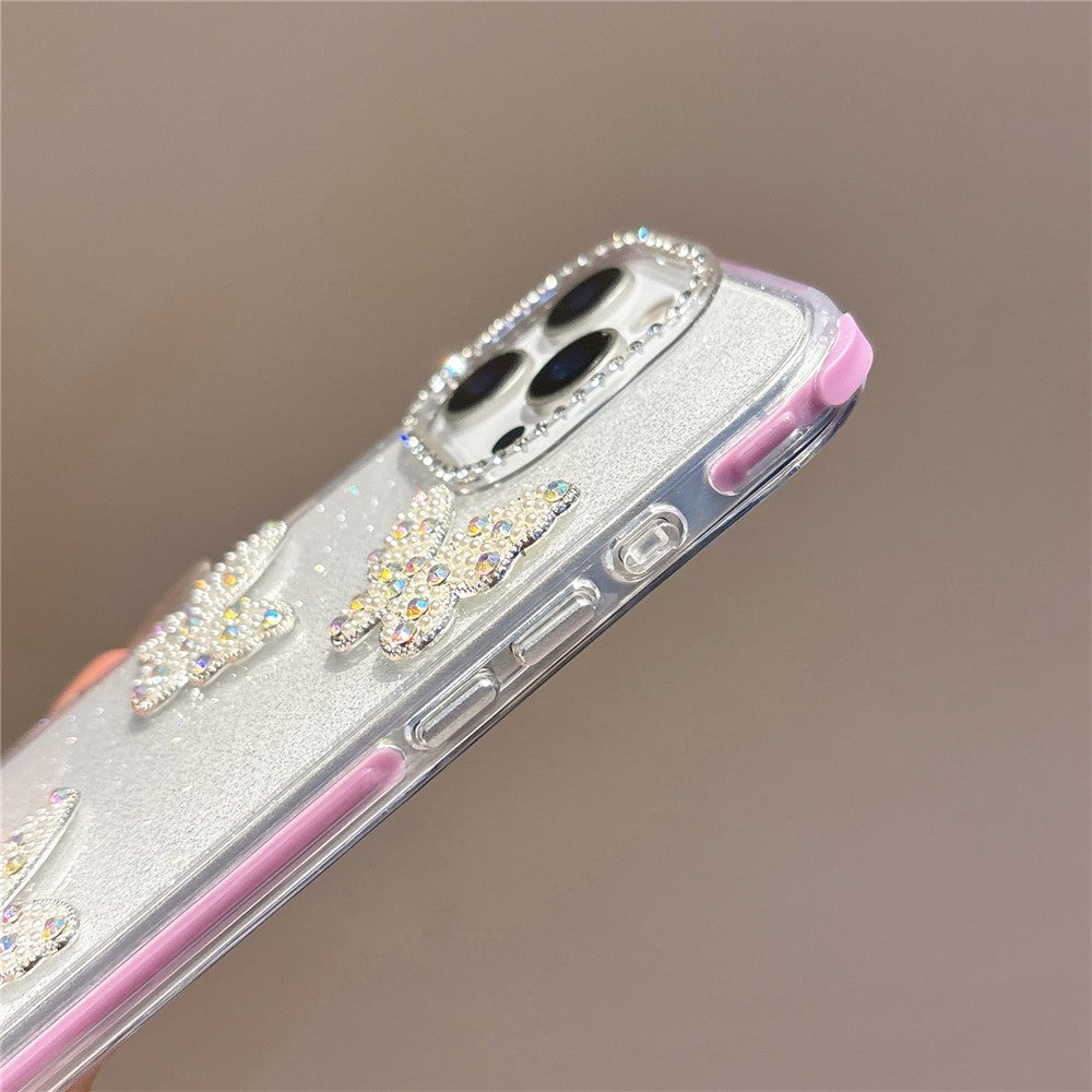 For iPhone 16 Pro Case Glitter Rhinestone Decor Butterfly TPU + PC Phone Case with Beaded Strap