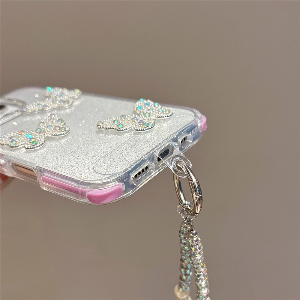 For iPhone 16 Pro Case Glitter Rhinestone Decor Butterfly TPU + PC Phone Case with Beaded Strap