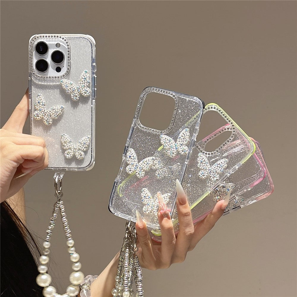 For iPhone 16 Pro Case Glitter Rhinestone Decor Butterfly TPU + PC Phone Case with Beaded Strap