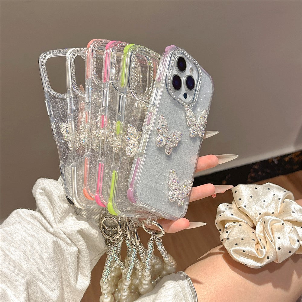 For iPhone 16 Pro Case Glitter Rhinestone Decor Butterfly TPU + PC Phone Case with Beaded Strap