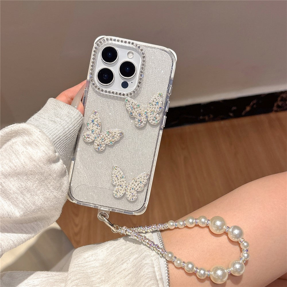 For iPhone 16 Pro Case Glitter Rhinestone Decor Butterfly TPU + PC Phone Case with Beaded Strap