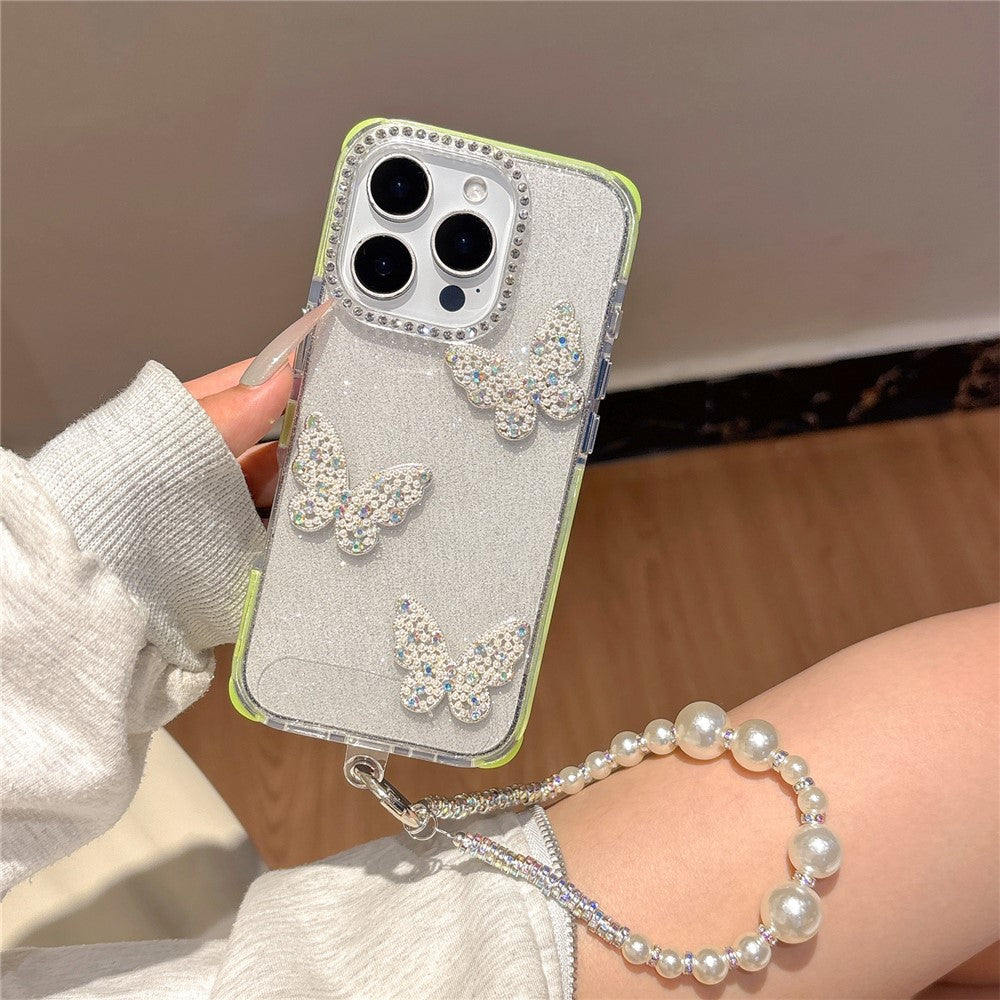 For iPhone 16 Pro Case Glitter Rhinestone Decor Butterfly TPU + PC Phone Case with Beaded Strap
