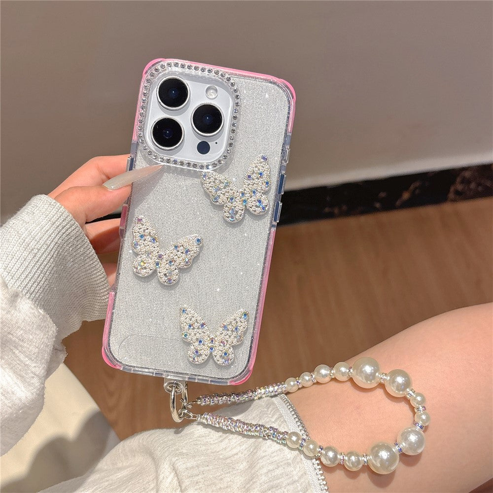 For iPhone 16 Pro Case Glitter Rhinestone Decor Butterfly TPU + PC Phone Case with Beaded Strap