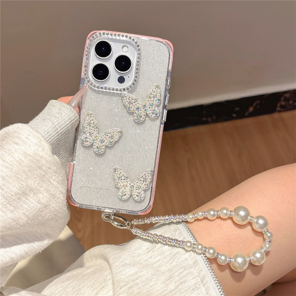 For iPhone 16 Pro Case Glitter Rhinestone Decor Butterfly TPU + PC Phone Case with Beaded Strap