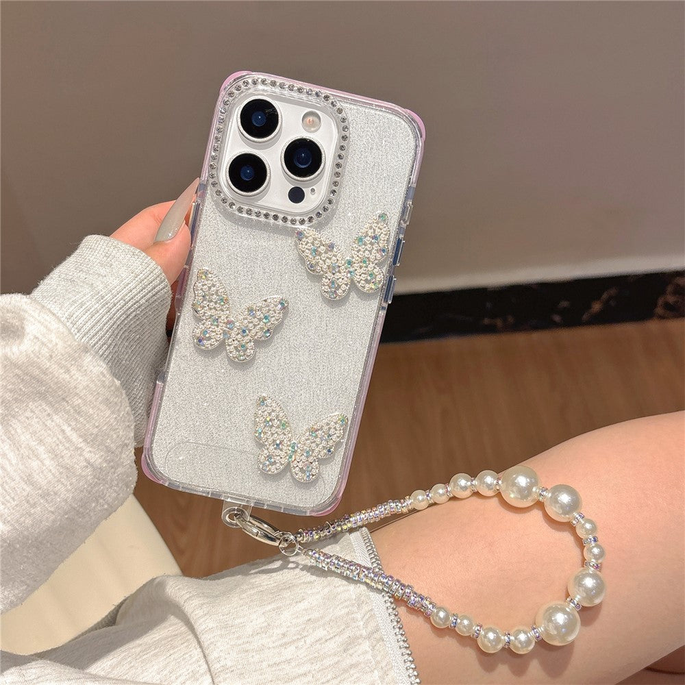 For iPhone 16 Pro Case Glitter Rhinestone Decor Butterfly TPU + PC Phone Case with Beaded Strap