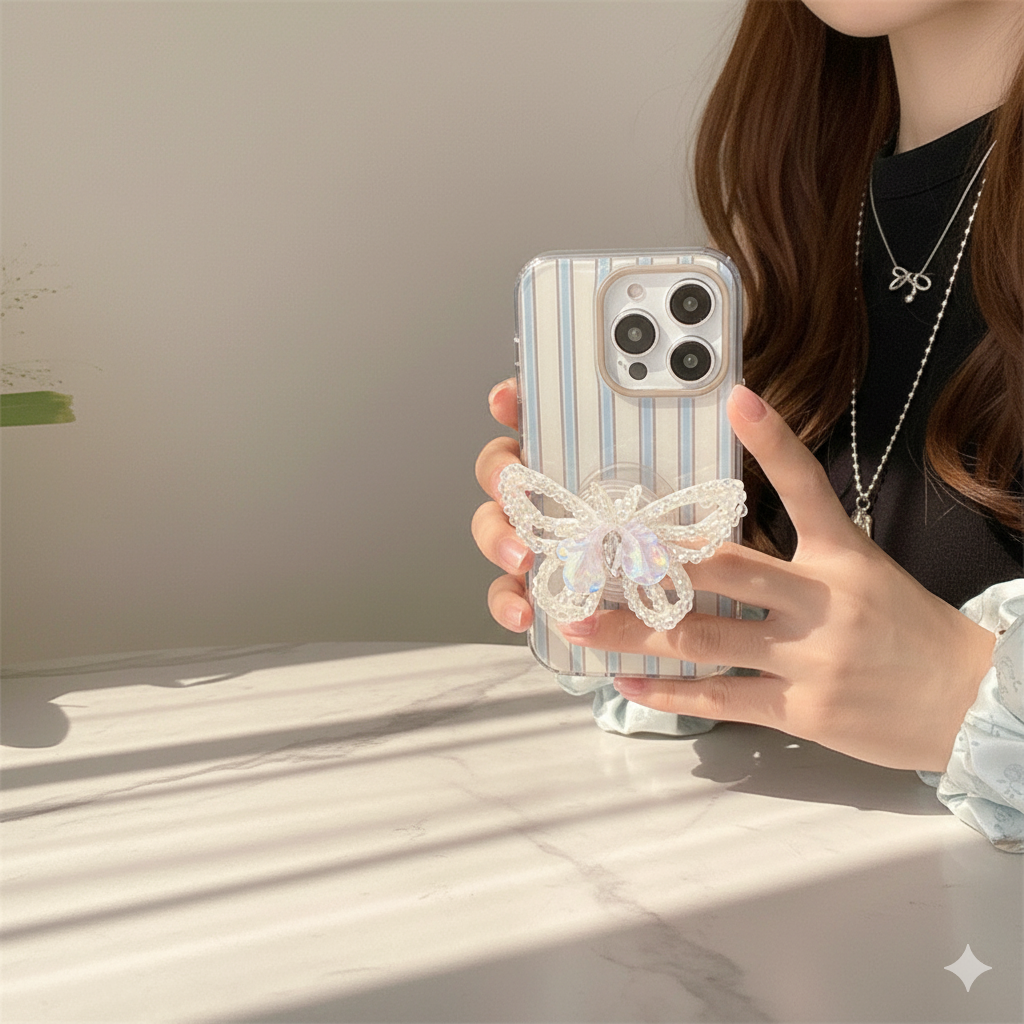 Minimal Pastel Stripe IPhone Case – with 3D Embellishments