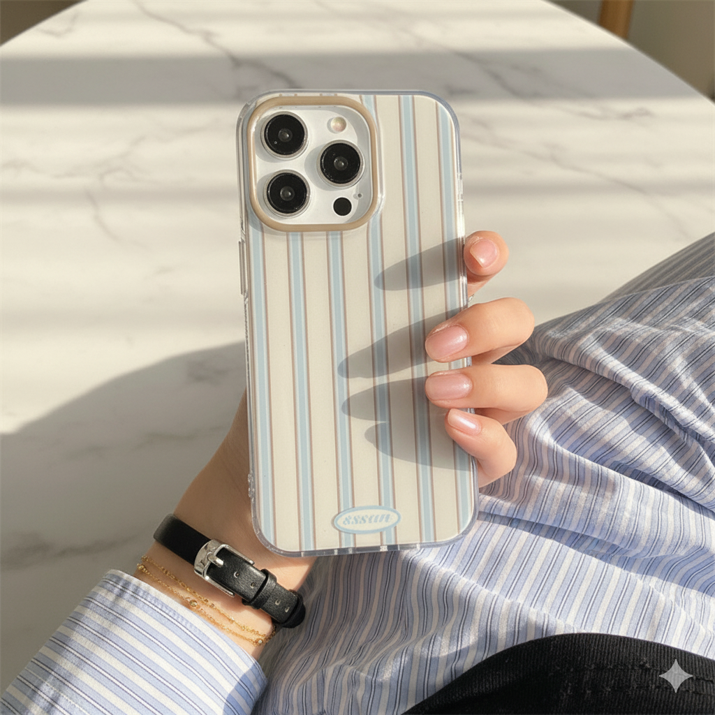Minimal Pastel Stripe IPhone Case – with 3D Embellishments
