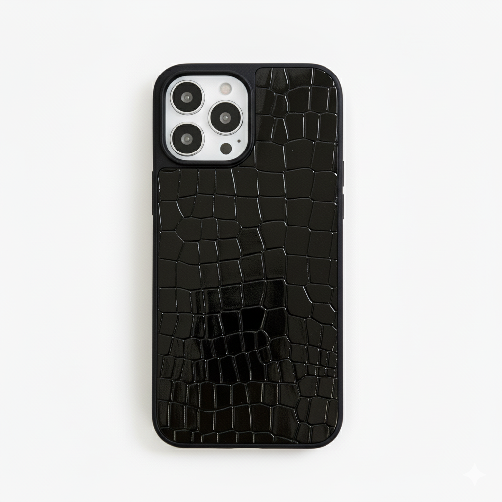 Black crocodile pattern phone case on a white background