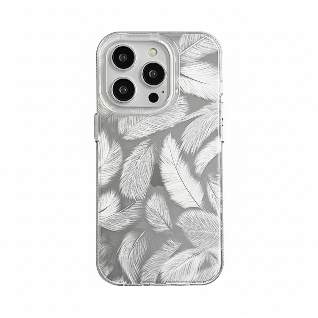 Phone case with white feather pattern on a gray background