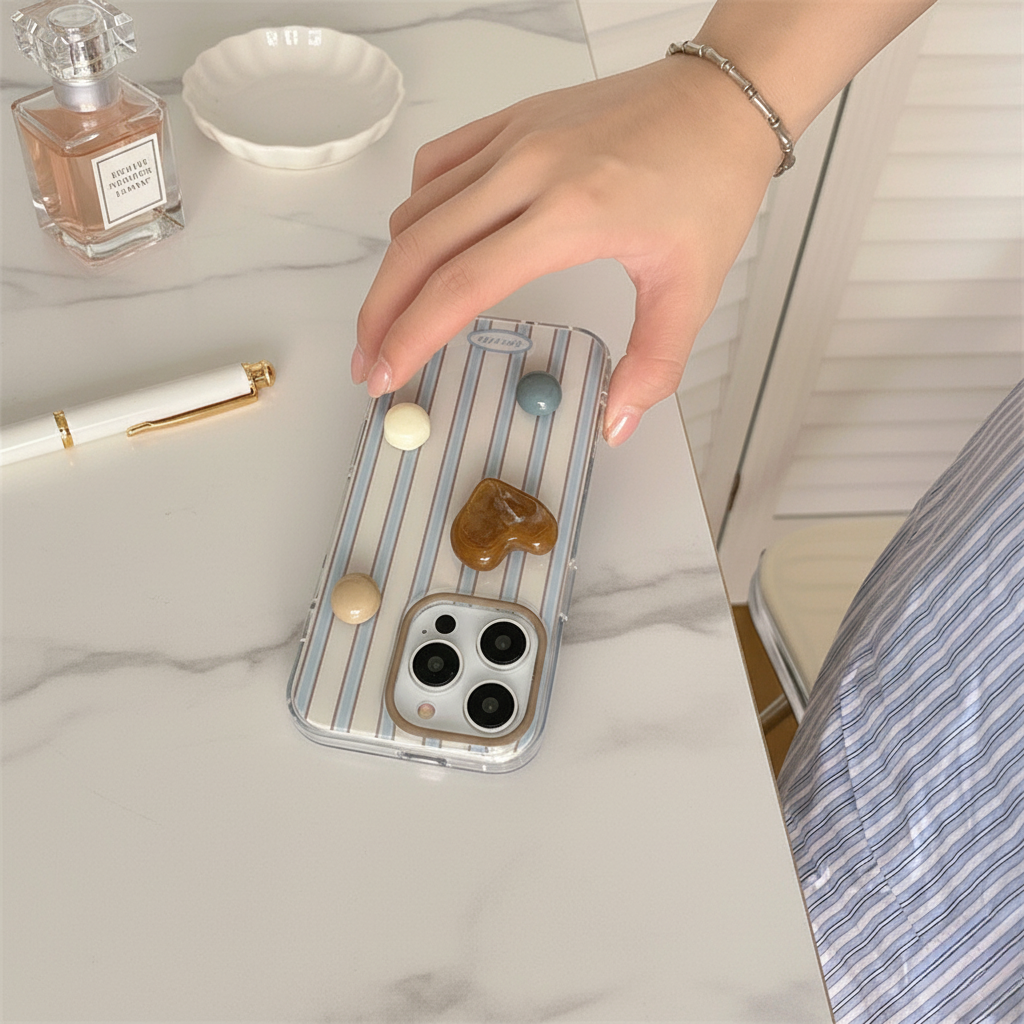 Minimal Pastel Stripe IPhone Case – with 3D Embellishments