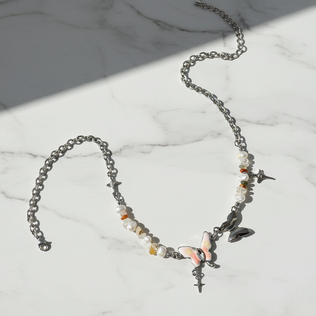 Colorful Gravel Cross Stitching Butterfly Necklace