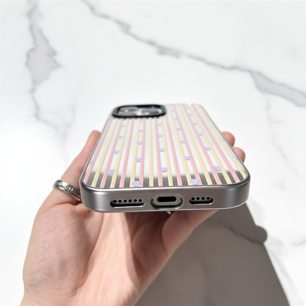 Silver-Plated Mirror Back IPhone Case with Stripes & Shockproof Protection