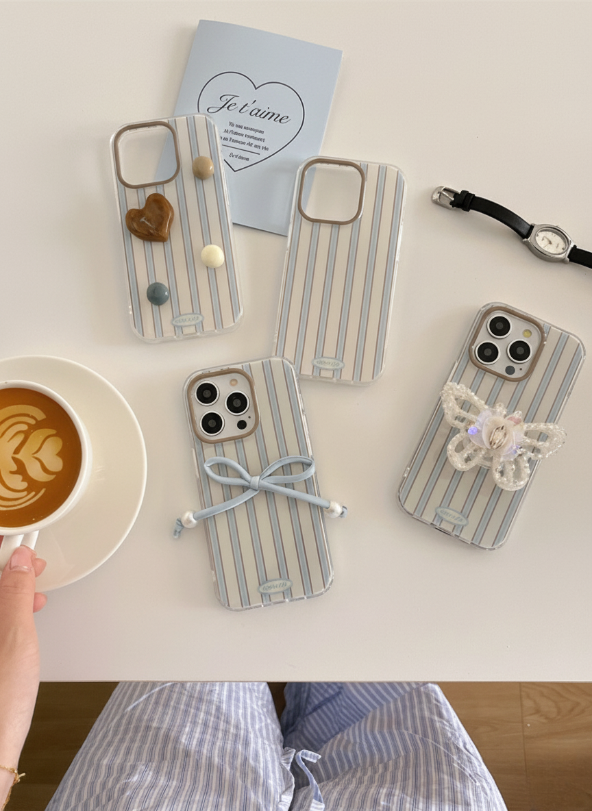 Minimal Pastel Stripe IPhone Case – with 3D Embellishments